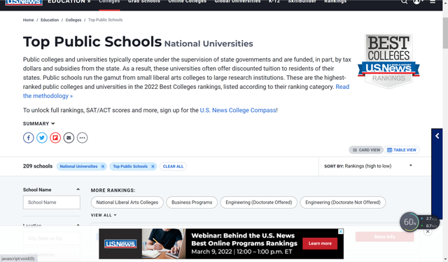 2022USNews全美顶尖公立大学Top10榜单发布，附学校排名、学费