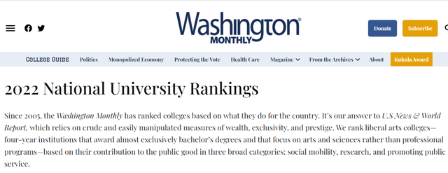 2022年美国TOP30大学排名榜单（《华盛顿月刊》）
